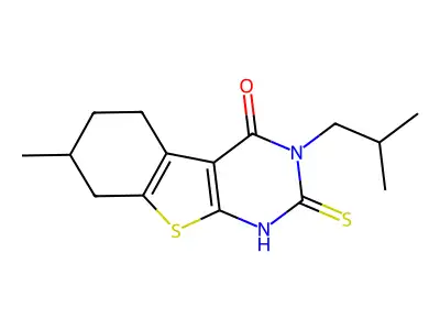 3-isobutyl-2-mercapto-7-methyl-5,6,7,8-tetrahydro[1]benzothieno[2,3-d]pyrimidin-4(3H)-one structure