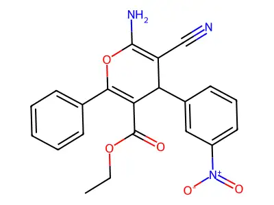 ethyl 6-amino-5-cyano-4-(3-nitrophenyl)-2-phenyl-4H-pyran-3-carboxylate structure