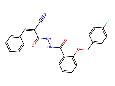 N'-[(Z)-2-cyano-3-phenylprop-2-enoyl]-2-[(4-fluorophenyl)methoxy]benzohydrazide structure
