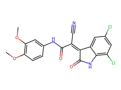 2-cyano-2-(5,7-dichloro-2-oxo-1H-indol-3-ylidene)-N-(3,4-dimethoxyphenyl)acetamide structure