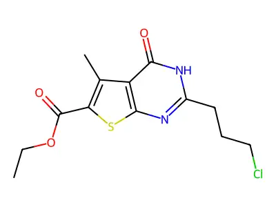 ethyl 2-(3-chloropropyl)-5-methyl-4-oxo-3H,4H-thieno[2,3-d]pyrimidine-6-carboxylate structure