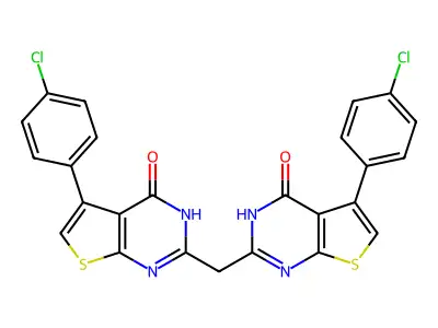 5-(4-chlorophenyl)-2-{[5-(4-chlorophenyl)-4-oxo-3H,4H-thieno[2,3-d]pyrimidin-2-yl]methyl}-3H,4H-thieno[2,3-d]pyrimidin-4-one structure