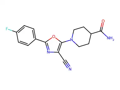 1-[4-Cyano-2-(4-fluorophenyl)-1,3-oxazol-5-yl]piperidine-4-carboxamide structure
