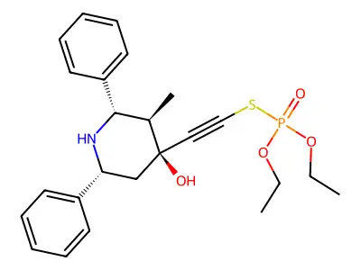 Phosphorothioic acid, O,O-diethyl S-((4-hydroxy-3-methyl-2,6-diphenyl-4-piperidinyl)ethenyl) ester, (2-alpha,3-beta,4-alpha,6-alpha)- structure