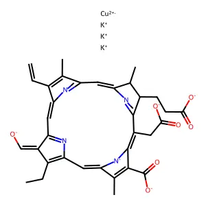 Copper(2+) potassium 2-(2-carboxylatoethyl)-20-(carboxylatomethyl)-8-ethenyl-13-ethyl-3,7,17-trimethyl-12-(oxidomethylidene)-3,12-dihydro-2H-porphin-22-ide-18-carboxylate (1/3/1) structure