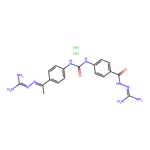 4-((((4-(1-((Aminoiminomethyl)hydrazono)ethyl)phenyl)amino)carbonyl)amino)benzoic acid 2-(aminoiminomethyl)hydrazide, dihydrochloride structure