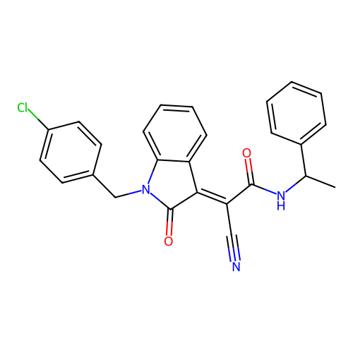 2-[1-[(4-chlorophenyl)methyl]-2-oxo-indol-3-ylidene]-2-cyano-N-(1-phenylethyl)acetamide structure