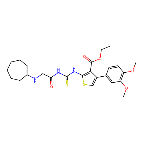 ethyl 2-(3-(2-(cycloheptylamino)acetyl)thioureido)-4-(3,4-dimethoxyphenyl)thiophene-3-carboxylate structure