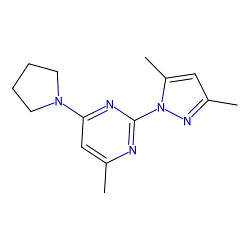2-(3,5-dimethyl-1H-pyrazol-1-yl)-4-methyl-6-(pyrrolidin-1-yl)pyrimidine structure