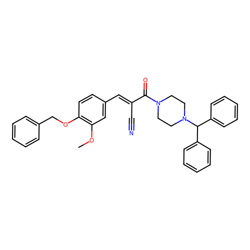 (E)-2-(4-benzhydrylpiperazine-1-carbonyl)-3-(3-methoxy-4-phenylmethoxyphenyl)prop-2-enenitrile structure