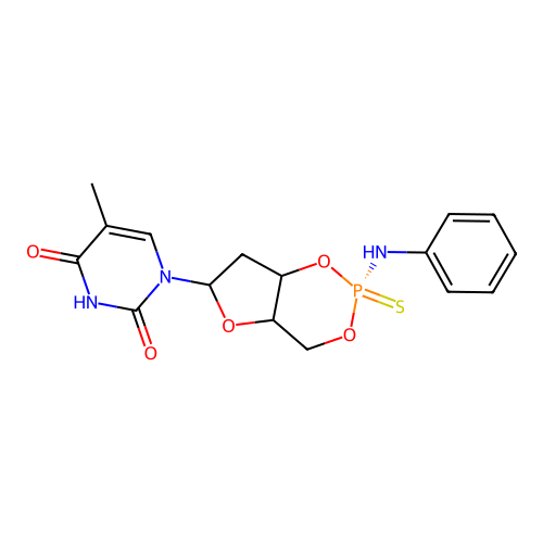 1-[(2S)-2-anilino-2-sulfanylidene-4a,6,7,7a-tetrahydro-4H-furo[3,2-d][1,3,2]dioxaphosphinin-6-yl]-5-methylpyrimidine-2,4-dione structure