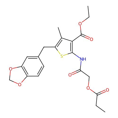 ethyl 5-(1,3-benzodioxol-5-ylmethyl)-4-methyl-2-[(2-propanoyloxyacetyl)amino]thiophene-3-carboxylate structure