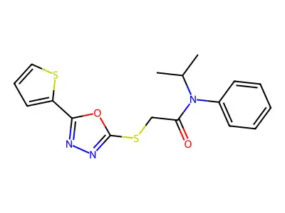 N-(methylethyl)-N-phenyl-2-(5-(2-thienyl)(1,3,4-oxadiazol-2-ylthio))acetamide structure