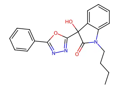 1-butyl-3-hydroxy-3-(5-phenyl-1,3,4-oxadiazol-2-yl)-2,3-dihydro-1H-indol-2-one structure