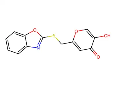 2-((benzo[d]oxazol-2-ylthio)methyl)-5-hydroxy-4H-pyran-4-one structure