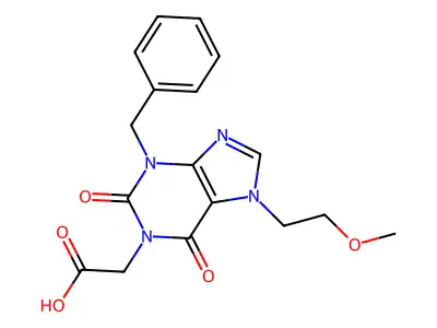 2-[3-benzyl-7-(2-methoxyethyl)-2,6-dioxo-2,3,6,7-tetrahydro-1H-purin-1-yl]acetic acid structure