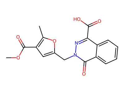 3-[(4-methoxycarbonyl-5-methylfuran-2-yl)methyl]-4-oxophthalazine-1-carboxylic acid structure
