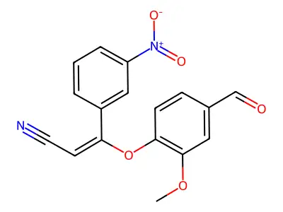(E)-3-(4-formyl-2-methoxyphenoxy)-3-(3-nitrophenyl)prop-2-enenitrile structure