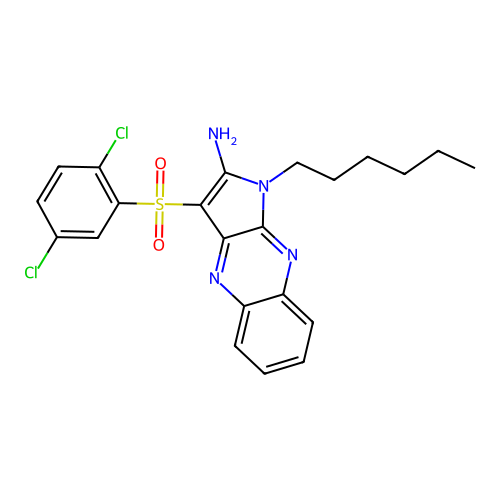 3-((2,5-dichlorophenyl)sulfonyl)-1-hexyl-1H-pyrrolo[2,3-b]quinoxalin-2-amine structure