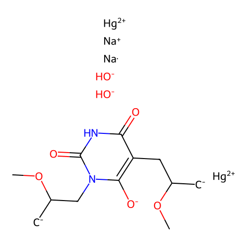 3,5-Bis(3-hydroxymercuri-2-methoxypropyl)barbituric acid sodium salt structure