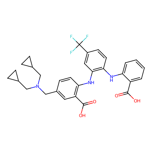 5-{[Bis(cyclopropylmethyl)amino]methyl}-2-({2-[(2-carboxyphenyl)amino]-5-(trifluoromethyl)phenyl}amino)benzoic acid structure