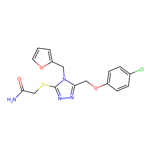 2-{5-[(4-chlorophenoxy)methyl]-4-(2-furylmethyl)-1,2,4-triazol-3-ylthio}acetam ide structure