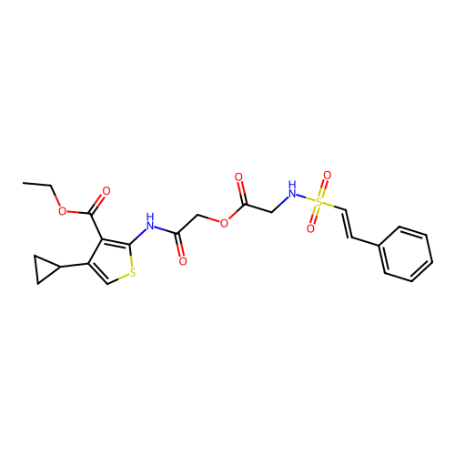 ethyl 4-cyclopropyl-2-(2-{[2-(2-phenylethenesulfonamido)acetyl]oxy}acetamido)thiophene-3-carboxylate structure