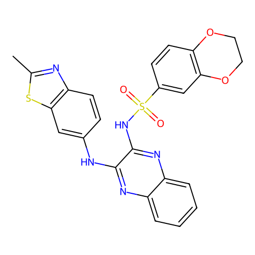 N-(3-((2-methylbenzo[d]thiazol-6-yl)amino)quinoxalin-2-yl)-2,3-dihydrobenzo[b][1,4]dioxine-6-sulfonamide structure