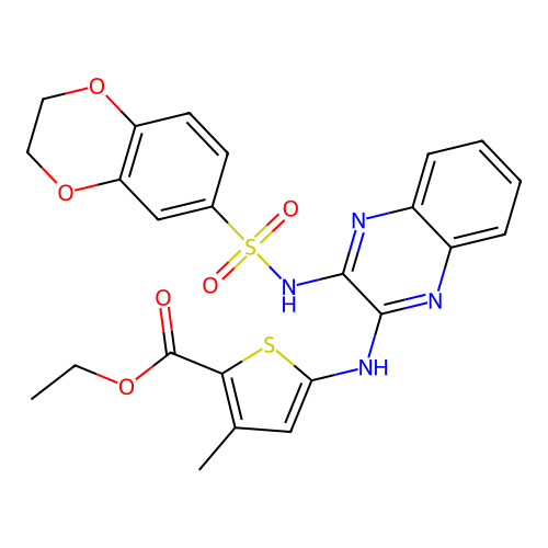ethyl 5-((3-(2,3-dihydrobenzo[b][1,4]dioxine-6-sulfonamido)quinoxalin-2-yl)amino)-3-methylthiophene-2-carboxylate structure