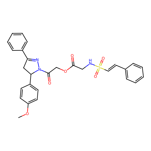 [2-[3-(4-methoxyphenyl)-5-phenyl-3,4-dihydropyrazol-2-yl]-2-oxoethyl] 2-[[(E)-2-phenylethenyl]sulfonylamino]acetate structure