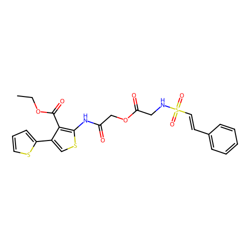 ethyl 2-[[2-[2-[[(E)-2-phenylethenyl]sulfonylamino]acetyl]oxyacetyl]amino]-4-thiophen-2-ylthiophene-3-carboxylate structure