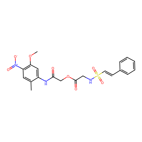 (5-methoxy-2-methyl-4-nitro-phenyl)carbamoylmethyl 2-(2-phenylethenylsulfonylamino)acetate structure