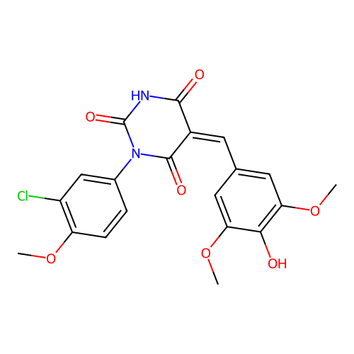 (Z)-1-(3-chloro-4-methoxyphenyl)-5-(4-hydroxy-3,5-dimethoxybenzylidene)pyrimidine-2,4,6(1H,3H,5H)-trione structure