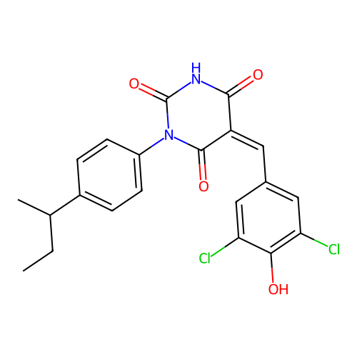 (Z)-1-(4-(sec-butyl)phenyl)-5-(3,5-dichloro-4-hydroxybenzylidene)pyrimidine-2,4,6(1H,3H,5H)-trione structure
