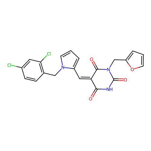(5Z)-5-[[1-[(2,4-dichlorophenyl)methyl]pyrrol-2-yl]methylidene]-1-(furan-2-ylmethyl)-1,3-diazinane-2,4,6-trione structure
