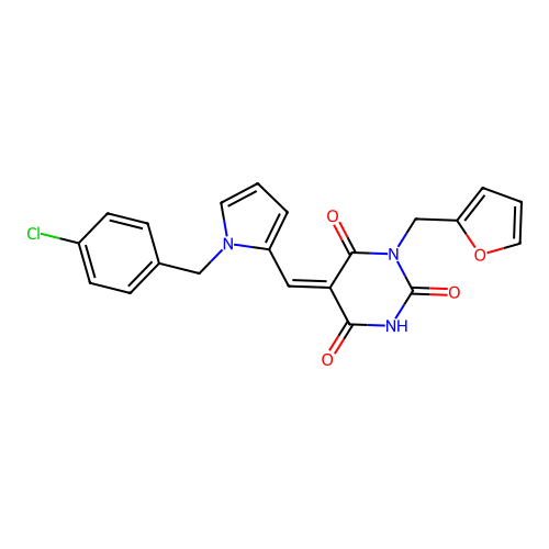 (5Z)-5-[[1-[(4-chlorophenyl)methyl]pyrrol-2-yl]methylidene]-1-(furan-2-ylmethyl)-1,3-diazinane-2,4,6-trione structure