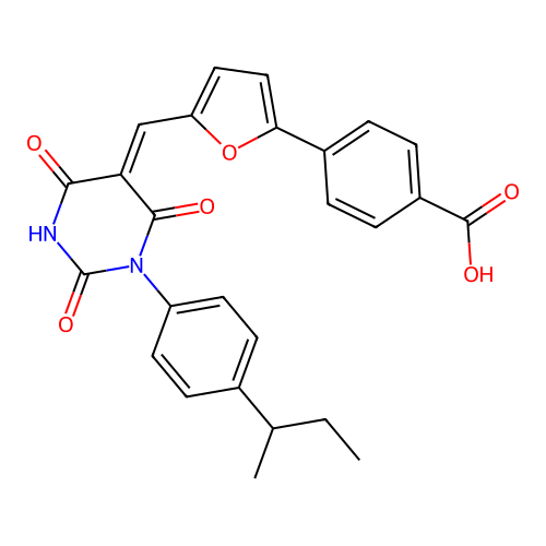 (Z)-4-(5-((1-(4-(sec-butyl)phenyl)-2,4,6-trioxotetrahydropyrimidin-5(2H)-ylidene)methyl)furan-2-yl)benzoic acid structure