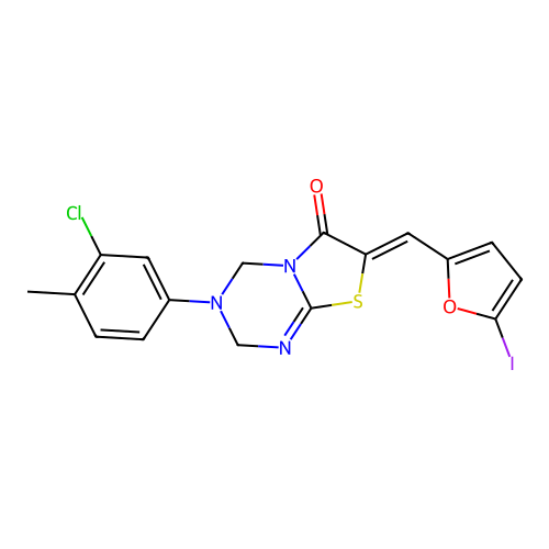 (Z)-3-(3-chloro-4-methylphenyl)-7-((5-iodofuran-2-yl)methylene)-3,4-dihydro-2H-thiazolo[3,2-a][1,3,5]triazin-6(7H)-one structure
