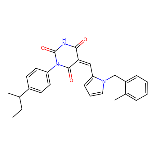 (Z)-1-(4-(sec-butyl)phenyl)-5-((1-(2-methylbenzyl)-1H-pyrrol-2-yl)methylene)pyrimidine-2,4,6(1H,3H,5H)-trione structure