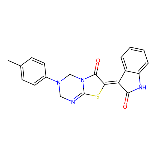 (7Z)-3-(4-methylphenyl)-7-(2-oxo-1,2-dihydro-3H-indol-3-ylidene)-3,4-dihydro-2H-[1,3]thiazolo[3,2-a][1,3,5]triazin-6(7H)-one structure