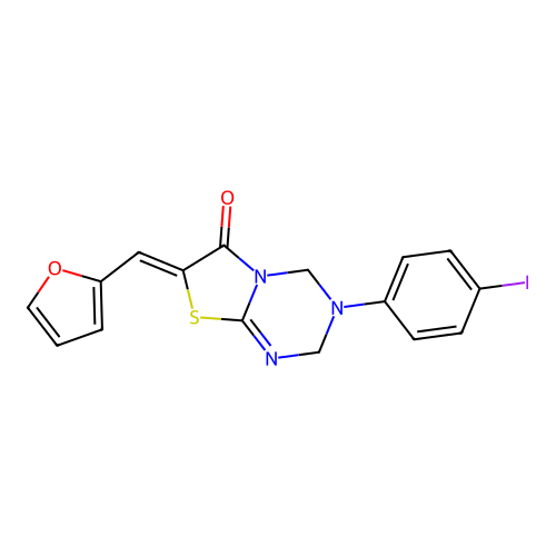 (Z)-7-(furan-2-ylmethylene)-3-(4-iodophenyl)-3,4-dihydro-2H-thiazolo[3,2-a][1,3,5]triazin-6(7H)-one structure