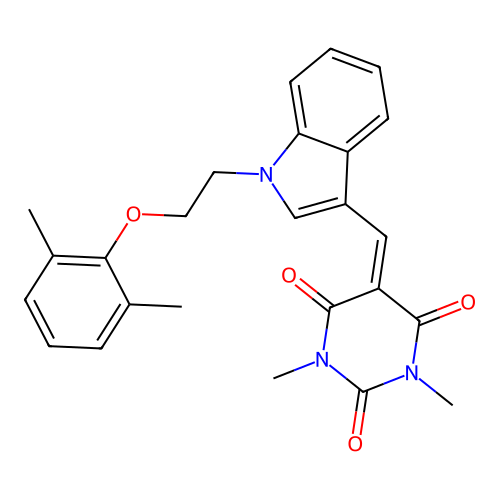 5-({1-[2-(2,6-dimethylphenoxy)ethyl]-1H-indol-3-yl}methylidene)-1,3-dimethylpyrimidine-2,4,6(1H,3H,5H)-trione structure