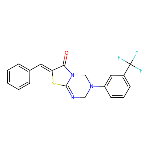 (Z)-7-benzylidene-3-(3-(trifluoromethyl)phenyl)-3,4-dihydro-2H-thiazolo[3,2-a][1,3,5]triazin-6(7H)-one structure