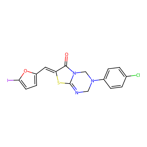 (Z)-3-(4-chlorophenyl)-7-((5-iodofuran-2-yl)methylene)-3,4-dihydro-2H-thiazolo[3,2-a][1,3,5]triazin-6(7H)-one structure