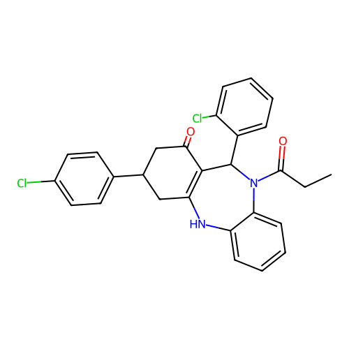 11-(2-chlorophenyl)-3-(4-chlorophenyl)-10-propanoyl-2,3,4,5,10,11-hexahydro-1H-dibenzo[b,e][1,4]diazepin-1-one structure
