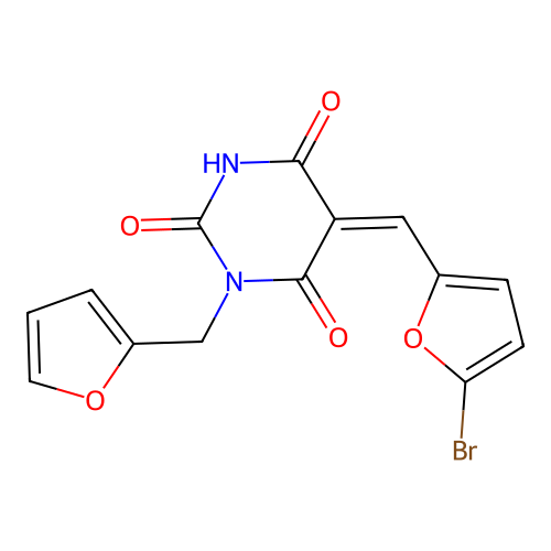 (5Z)-5-[(5-bromofuran-2-yl)methylidene]-1-(furan-2-ylmethyl)pyrimidine-2,4,6(1H,3H,5H)-trione structure