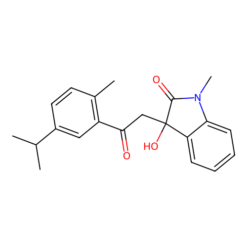 3-hydroxy-1-methyl-3-{2-[2-methyl-5-(propan-2-yl)phenyl]-2-oxoethyl}-1,3-dihydro-2H-indol-2-one structure