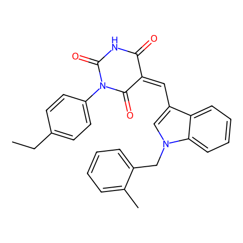 (5Z)-1-(4-ethylphenyl)-5-{[1-(2-methylbenzyl)-1H-indol-3-yl]methylidene}pyrimidine-2,4,6(1H,3H,5H)-trione structure