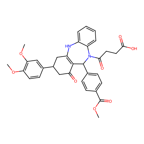 4-(3-(3,4-dimethoxyphenyl)-1-hydroxy-11-(4-(methoxycarbonyl)phenyl)-3,4-dihydro-2H-dibenzo[b,e][1,4]diazepin-10(11H)-yl)-4-oxobutanoic acid structure
