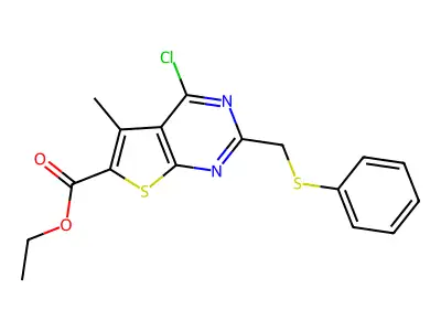ethyl 4-chloro-5-methyl-2-[(phenylsulfanyl)methyl]thieno[2,3-d]pyrimidine-6-carboxylate structure
